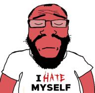 arm balding beard closed_eyes closed_mouth clothes frown glasses hair i_hate its_over myself red_skin soyjak subvariant:science_lover text tshirt variant:markiplier_soyjak // 800x789 // 168.0KB