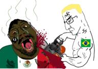 2soyjaks angry arm blood bloodshot_eyes blue_eyes brazil brown_skin buff chainsaw closed_mouth crying decapitation fat flag flag:brazil flag:mexico glasses hair hand holding_chainsaw holding_object mexico murder mustache nazism open_mouth queen_of_spades schutzstaffel side_profile soyjak spade stubble subvariant:chainsaw_bernd swastika variant:bernd variant:chudjak yellow_hair yellow_teeth // 1238x872 // 464.3KB