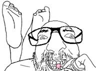 beard foot glasses hand holding_object lollipop open_mouth smile soyjak stubble variant:israeli_soyjak // 255x189 // 15.9KB