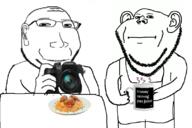 2soyjaks apron arm camera closed_mouth ear eyelids food glasses hand holding_camera holding_object meatballs mug neutral plate smile soyjak spaghetti stubble subvariant:massjak table variant:gapejak variant:impish_soyak_ears // 808x539 // 171.1KB