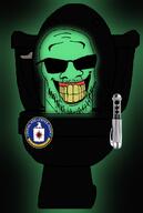badge black_background central_intelligence_agency cia_nigger closed_mouth fed glasses glowie glowing green_skin gums happy neuralizer series:skibidi_soyjaks skibidi smile stretched_mouth stretched_nose stubble teeth text toilet variant:feraljak yellow_teeth // 1000x1494 // 381.3KB