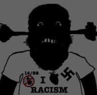 1488 angry arm beard black_skin clothes compressed fume glasses happy_merchant heart i_love judaism nas:happy_jewish nas:merchant nazism no_symbol open_mouth racism soyjak subvariant:science_lover swastika tshirt variant:markiplier_soyjak // 800x789 // 18.4KB