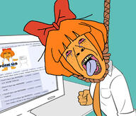 2soyjaks angry anti_ongezellig bloodshot_eyes board bowtie cartoon closed_mouth clothes computer crying freckles full_body glasses hand hanging mymy_(ongezellig) necktie noose ongezellig open_mouth orange_hair orange_skin rope screenshot skirt soyjak soyjak_party subvariant:chudjak_front suicide text tongue variant:bernd variant:chudjak website yellow_teeth // 1759x1500 // 914.9KB