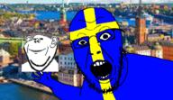 2soyjaks arm background blue_shirt blue_skin buildings city clothes ear flag:sweden forehead_lines glasses grin hand nose open_mouth soyjak stubble sweden teeth text variant:impish_soyak_ears variant:yurjak white_skin // 768x442 // 344.3KB