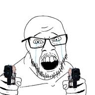 arm crying firearm glasses gun hand mustache open_mouth pointing pointing_at_viewer shooting soyjak stubble tear template variant:feraljak // 1500x1500 // 213.7KB