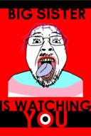 1984 clothes flag glasses open_mouth poster purple_hair soyjak stubble text tongue tranny trаnnу variant:bernd yellow_teeth // 1134x1702 // 394.7KB