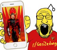 anime antenna arm asian aura buck_teeth china closed_eyes clothes communism dragon_ball dragon_ball_super genzedong_(reddit) hand holding_object holding_phone iphone jiren leftypol open_mouth phone r_genzedong reddit reddit_moment small_eyes soyjak star subvariant:phoneplier subvariant:phoneplier_vertical tshirt variant:markiplier_soyjak xi_jinping yellow yellow_skin // 1016x900 // 754.7KB
