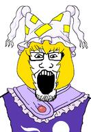 anime clothes female glasses hair hat open_mouth soyjak stubble touhou variant:markiplier_soyjak video_game wing yakumo_ran yellow_hair // 900x1300 // 36.6KB