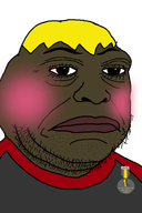 angry award black_skin blond blush brown_skin closed_mouth clothes double_chin eyebrows eyelashes frog grey_shirt hair lips medal red_shirt stubble subvariant:hunky_twink_sex_machine variant:frognigger yellow_hair // 1024x1536 // 245.6KB