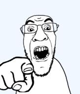 glasses hand open_mouth pointing pointing_at_viewer soyjak stubble variant:unknown // 707x834 // 45.4KB