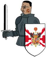 armor army brown_skin closed_mouth coat_of_arms eagle flag:peru flag:spanish_empire flag:viceroyalty_of_peru glasses knight peru peruvian racemixing shield spain spanish_empire sword tattoo variant:chudjak // 612x741 // 116.5KB