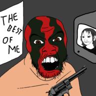 angry bjork bjork_stalker brown_eyes drawn_background facemask femjak firearm glasses gun mask music mustache open_mouth ricardo_lopez soyjak stubble suicide television text variant:feraljak weapon white_skin wojak // 1500x1500 // 155.8KB