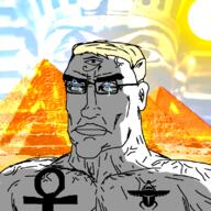 ankh blue_eyes buff closed_mouth ear egypt glasses hair pharaoh pyramid redraw soyjak subvariant:perceptive_chud sun variant:chudjak vein yellow_hair // 799x799 // 486.6KB