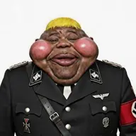 black_skin blush character:hunky meta:ai_generated nazi_arm_band nazi_germany nazism schutzstaffel schutzstaffel_uniform subvariant:fat_alicia swastika variant:alicia yellow_hair // 1024x1024 // 156.7KB