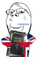 OrientalTrollface_(user) bible book flag flag:united_kingdom holding_book holding_object holy_bible icxcnika orthodox orthodox_cross smile stubble subvariant:wholesome_soyjak tattoo teeth text variant:gapejak // 448x682 // 199.7KB