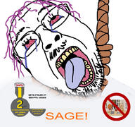 badge bloodshot_eyes crying glasses hair hanging mustache ongezellig open_mouth purple_hair rope sage soyjak soyjak_party stubble suicide text tongue tranny variant:bernd yellow_teeth // 1125x1053 // 274.0KB