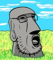 drawn_background ear glasses grass moai open_mouth pog redraw soyjak statue stubble tongue variant:unknown 🗿 // 800x900 // 202.5KB