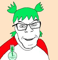 4chan anime badge clothes glasses green_hair hair open_mouth smile smug stubble suba teeth text variant:feraljak yotsoyba // 1470x1500 // 170.3KB