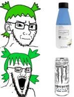 2soyjaks 4chan anime crazed green_hair hair monster_energy soy soyjak soylent_(vanilla) subvariant:soyak_(crazed) subvariant:soyak_(irritated) variant:soyak yotsoyba // 1053x1379 // 712.7KB