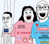 3soyjaks a_(4chan) anime board_soyjaks chino_kafuu clothes donald_trump gamergate glasses gochiusa hair ijiranaide_nagatoro_san its_okay_to_be_white logo makeup nagatoro_hayase nintendo nintendo_switch pokemon pol_(4chan) satania smile smug soyjak stubble super_smash text tranny tshirt v_(4chan) variant:alicia variant:chudjak variant:vidyajak video_game // 1305x1178 // 184.1KB
