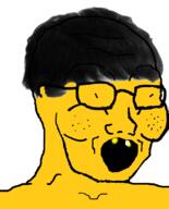 asian glasses hair open_mouth small_eyes soyjak variant:soyak yellow_skin yellow_teeth // 644x800 // 173.9KB