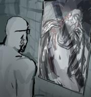 artist:shemmysloota bathroom blood drawing ghost hair hallucination mirror no_pupils reflection schizophrenia screaming sharp_teeth stare subvariant:schizojak variant:markiplier_soyjak // 994x1060 // 762.6KB