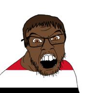 brown_eyes brown_hair brown_skin clothes country flag glasses hair open_mouth soyjak stubble variant:feraljak yemen // 1500x1500 // 32.6KB