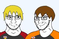 2soyjaks are_you_soying_what_im_soying badge brown_hair dan looking_at_each_other nate nate_higgers series:trios_&_duos smug subvariant:soyak_(smug) subvariant:soyak_front transparent_background variant:soyak yellow_hair // 1200x800 // 28.9KB