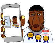 award black_eyes brown_skin dark_hair hello_my_name_is_(sticker) holding_object holding_phone meta namefag_drama namefags stop_making_this_raisin subvariant:chudplier sweat_stain sweating variant:chudjak // 1236x966 // 203.0KB