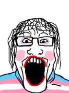 blush flag flag:transgender_pride_flag glasses hair makeup open_mouth soyjak tranny variant:markiplier_soyjak // 600x800 // 33.4KB