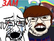2soyjaks barneyfag bloodshot_eyes clothes crying doom drawn_background glasses hair hand hands_up lee_goldson mustache my_little_pony open_mouth soyjak stubble text variant:cryboy_soyjak variant:feraljak // 384x288 // 43.1KB