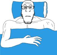 arm bed buff closed_mouth glasses hand neutral pillow soyjak stubble subvariant:neutralplier variant:markiplier_soyjak // 2062x2000 // 226.8KB