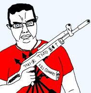 ak-47 blue_eyes catholicism falangism fasci fascio glasses gun holding_gun looking_at_you necklace red_shirt rosary sam_hyde_pose third_positionism tmd total_muslim_death variant:chudjak yoke_and_arrows // 1183x1200 // 194.3KB
