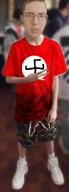 blurred_background clothes full_body glasses hair irl meta:tagme nazism patrick_crusius red_shirt shoe shorts subvariant:unbotheredchud swastika unbothered variant:chudjak // 312x863 // 357.4KB