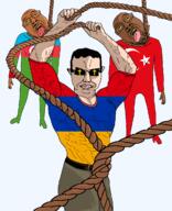 armenia azerbaijan brown_skin christian_cross christianity flag:armenia flag:azerbaijan flag:turkiye green_pants hanging lipstick meta:modified nigger red_shirt rope shadow subvariant:chudjak_front subvariant:muscular_chud turkiye variant:bernd variant:chudjak yellow_sclera yellow_teeth // 977x1200 // 124.5KB