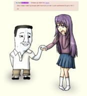 anime arm art chud clothes drawfag drawing female full_body girl hair hand khaki_shorts leg polo polo_shirt purple_eyes purple_hair request school_uniform shoe shorts skirt smile sock variant:chudjak yuri_(doki_doki_literature_club!) // 1102x1218 // 309.0KB