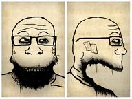 artist:nvke bandage body_horror deformed eben_byers glasses nightmare_fuel radithor radium soyjak stubble subvariant:neutralplier subvariant:sideplier teeth variant:markiplier_soyjak // 1600x1200 // 1.3MB