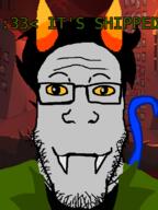 closed_mouth clothes fangs glasses grey_skin hair homestuck horn meta:tagme nepeta_leijon smile soyjak stubble text troll_(homestuck) variant:markiplier_soyjak yellow_eyes yellow_sclera // 600x800 // 148.9KB