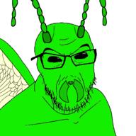 antenna black_sclera bug glasses green_skin no_mouth no_nose no_pupils soyjak stubble variant:feraljak white_background // 1280x1280 // 151.5KB