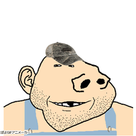 animated byonbyon cap clothes deformed ear hat japanese_text large_nose no_eyebrows poyopoyo sleeveless_shirt smile soyjak stubble subvariant:arkansasjak text united_states variant:impish_soyak_ears white_skin // 400x357 // 210.7KB