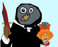 amphibian beheaded beheading blood bloodshot_eyes blue_background bowtie crying freckles frog ginger hand holding_severed_head knife mymy_(ongezellig) nas:pepe ongezellig open_mouth orange_hair orange_skin pepe_the_frog tongue tuxedo variant:bernd // 680x556 // 193.6KB