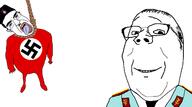 2soyjaks arm bloodshot_eyes clothes collar_tabs croatia crying ear epaulettes execution full_body glasses hair hand hanging hat josip_broz_tito leg nazism noose open_mouth rope soyjak subvariant:patrick subvariant:wholesome_soyjak suicide swastika tongue ustasha variant:chudjak variant:gapejak yellow_teeth yugoslavia // 1416x789 // 132.8KB