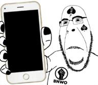 arm bbc biting_lip bnwo distorted facial_mark forehead_mark frown glasses hand holding_object holding_phone iphone painted_nails phone queen_of_spades raised_fist_(symbol) soyjak spade stubble subvariant:hornyson tattoo template variant:cobson // 1080x942 // 380.0KB