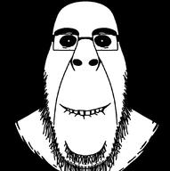 black_background black_sclera closed_mouth glasses horror lip_biting soyjak stubble subvariant:hornyson subvariant:hornyson_front teeth variant:cobson white_pupils // 1072x1080 // 24.5KB