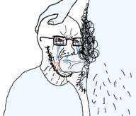 blood bloodshot_eyes blowjob crying glasses hair hand meta:pornographic_content mucus open_mouth penis pubic_hair shitskin soyjak stubble subvariant:blowjak template testicles transparent variant:soyak // 1333x1142 // 196.8KB
