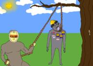 3soyjaks antiswarthy_(namefag) arm award bloodshot_eyes buff closed_mouth clothes crying drawn_background ear eskimo flag:alabama flag:transgender_pride_flag full_body glasses grass grey_skin hand hanging holding_object holding_rope irl leg lemon lemon_(user) lynching noose open_mouth outdoors rope smile smug soyjak stubble subvariant:wholesome_soyjak sun tongue tree variant:bernd variant:chudjak variant:gapejak yellow yellow_skin yellow_teeth // 2048x1462 // 598.2KB
