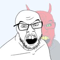 angry clothes demon evil glasses green_eyes horn mason mustache open_mouth pentagram red soyjak star stubble two_sides variant:feraljak yellow_teeth // 1500x1500 // 349.2KB