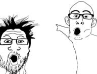 2soyjaks arm glasses hair hand merge open_mouth pointing series:fusionjaks soyjak stubble variant:markiplier_soyjak variant:nojak variant:two_pointing_soyjaks // 674x520 // 37.3KB