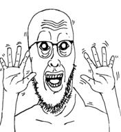 eyes_popping glasses hand hands_up open_mouth shaking stubble sweating teeth variant:cobbert // 518x565 // 16.7KB