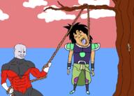 dbs a_(4chan) ack alien anime armor bloodshot_eyes broly buff clothes crying dragon_ball dragon_ball_super drawn_background grey_alien hair hanging holding_object holding_rope jiren lynching murder muscles open_mouth rope subvariant:muscular_chud tongue tree variant:bernd variant:chudjak yellow_teeth // 2100x1500 // 298.2KB